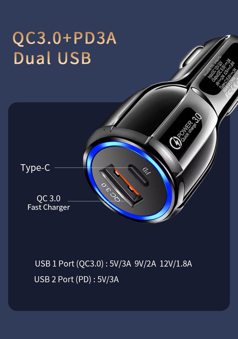 شارژر فندکی ۱۸ وات فست شارژ PD و USB